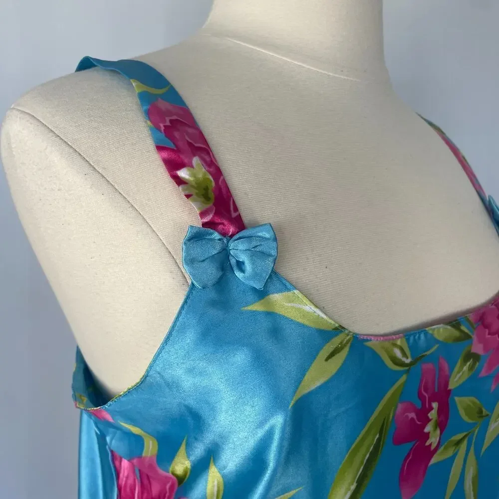 Short Slip Dress Size XL Blue Pink Floral Silky Satin Lingerie Sleep Feminine